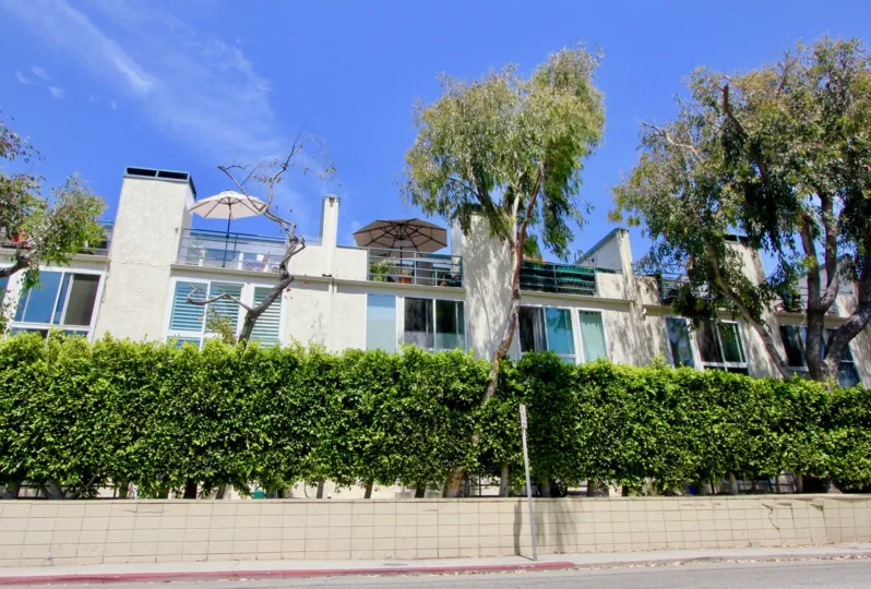 A lovely day at 100 Driftwood, a residential building with privacy shrubs, and trees on the property.