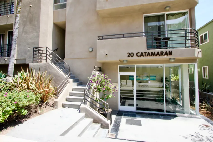 A sunny day at 20 Catamaran in Marina Del Ray in California with condominium building showing interior of one condo