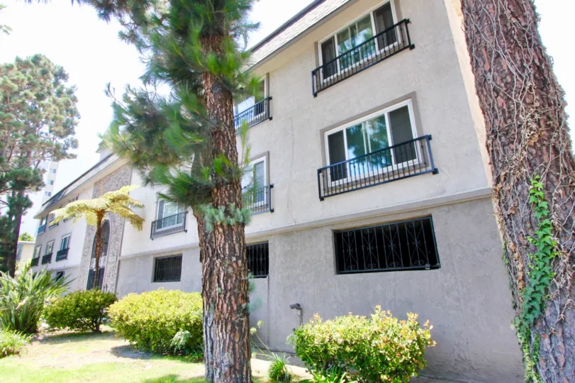 A lovely day at Casa Del Rey, a residential building, with a secure feel and trees on the property.