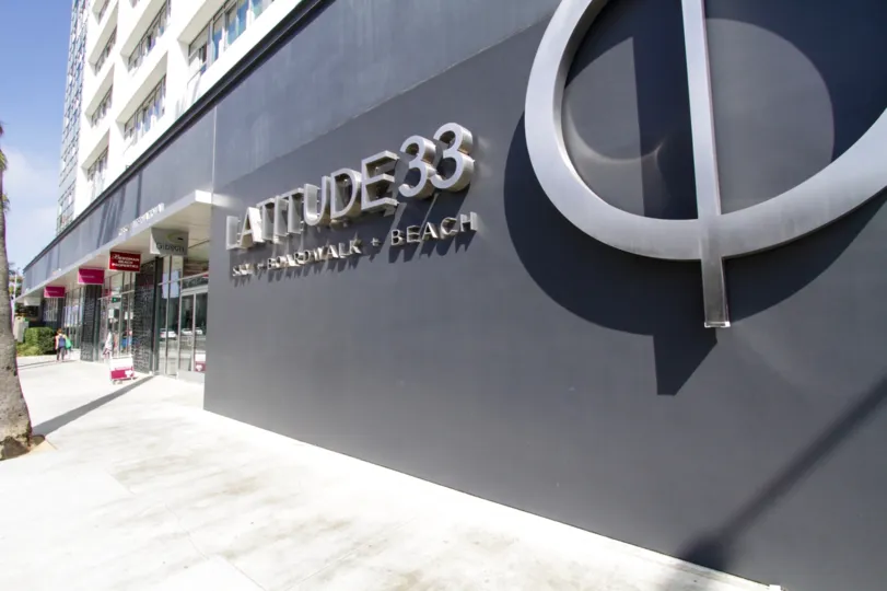 The sign announced the Latitude 33 Beach Collection in Marina Del Rey