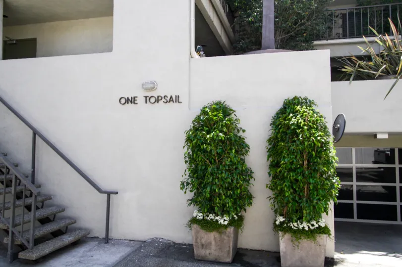The lettering announcing One Topsail in Marina Del Rey