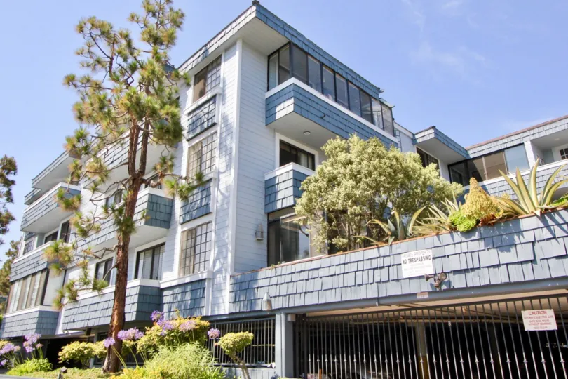 Blue sky and beautiful landscaping at the Via Marina Tahiti in Marina Del Rey, california