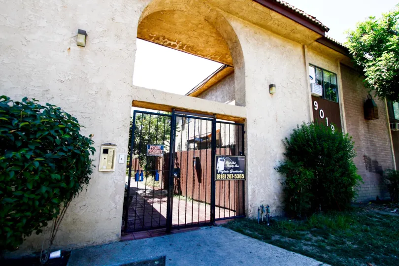 The gated entrance into Cedros South Townhomes in Panorama City California