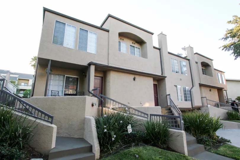 The landscaping around the building at 77 North Townhomes
