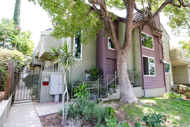 The stairs leading to the entrance into Harkness Townhomes in Pasadena, California