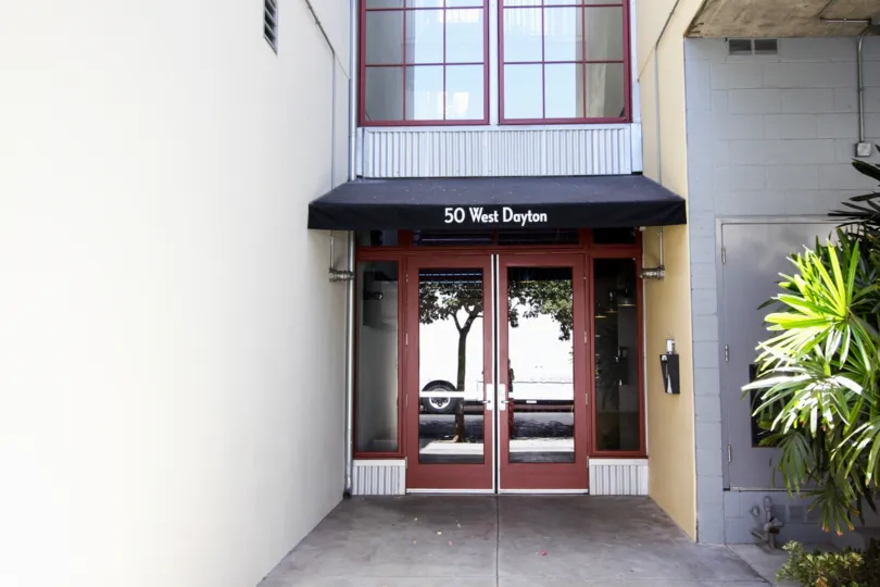 The entrance into Library Hall Lofts in Pasadena, California