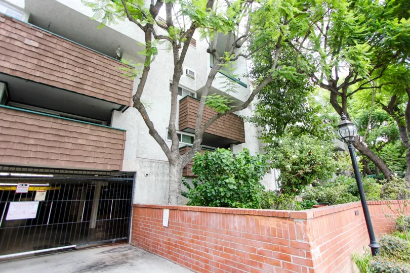 The driveway into the parking garage at Los Robles Plaza