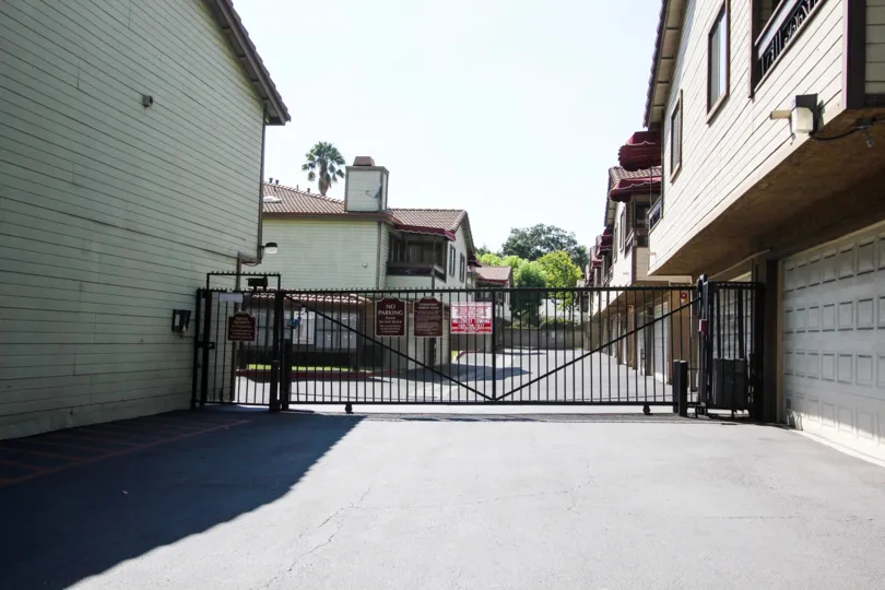 The gate for parking at Los Robles Townhomes in Pasadena, California