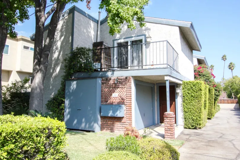The balcony seen on a unit at Magnolia Manor in Pasadena, California