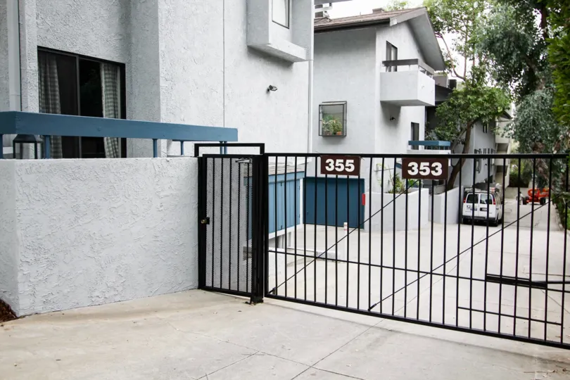 The parking gate at Marengo Gardens in Pasadena, California