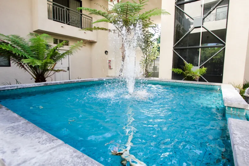 The pool area in Oak Knoll Manor in Pasadena, California
