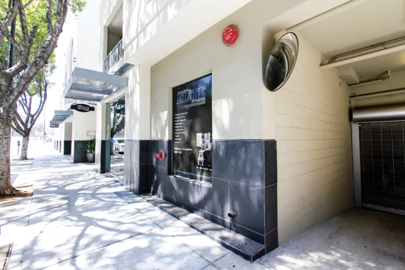 The sidewalk in front of Pasadena Place in Pasadena, California