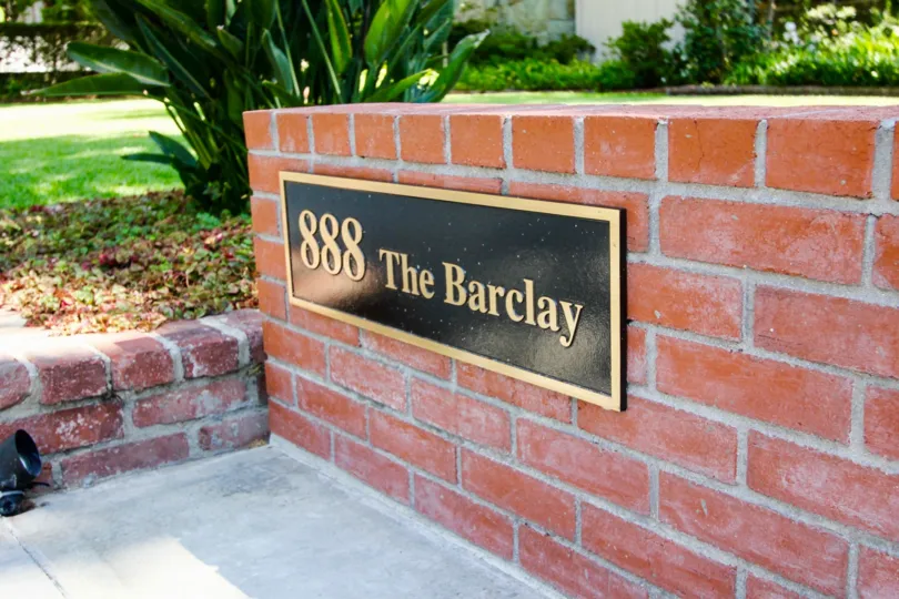 The nameplate outside of The Barclay in Pasadena, California