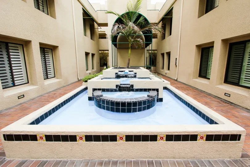 The fountain seen in Three Palms in Pasadena, California