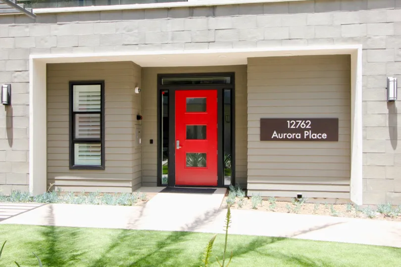 colorful door on entry of a large building in Cleo, playa vista