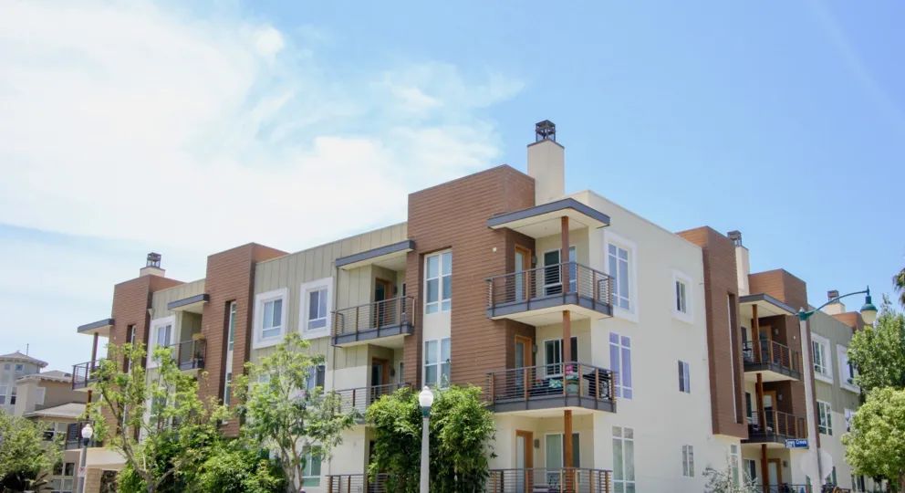 The open sky over balconies at Primera Terra in Playa Vista, California.