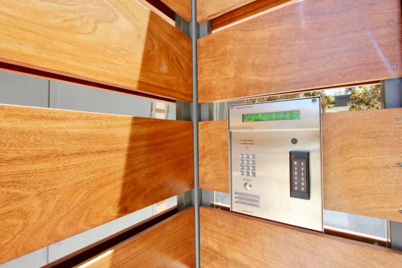 Security key pad at entrance to Primera Terra community in Playa Vista, CA.