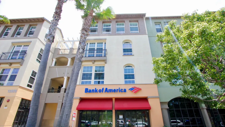 Bank of America entrance with trees below The Lofts community in Playa Vista, CA.