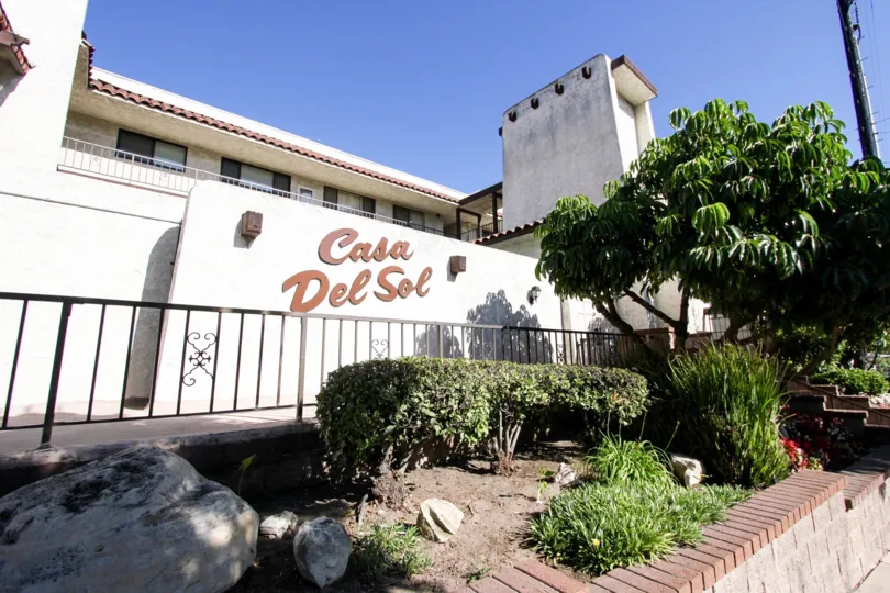The Casa Del Sol name on the building in San Pedro California