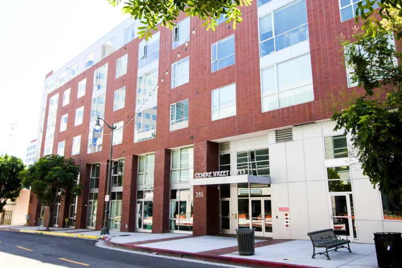 The sidewalk in front of Centre Street Lofts