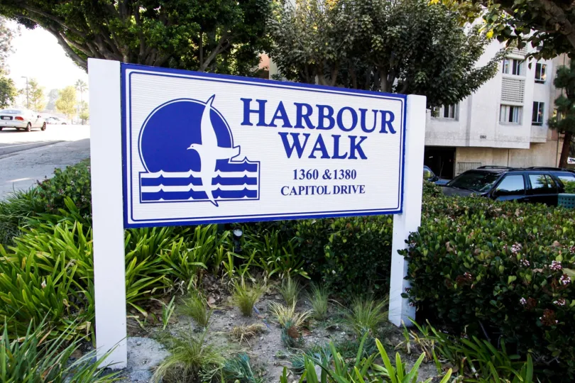 The welcoming sign into Harbour Walk  in San Pedro California