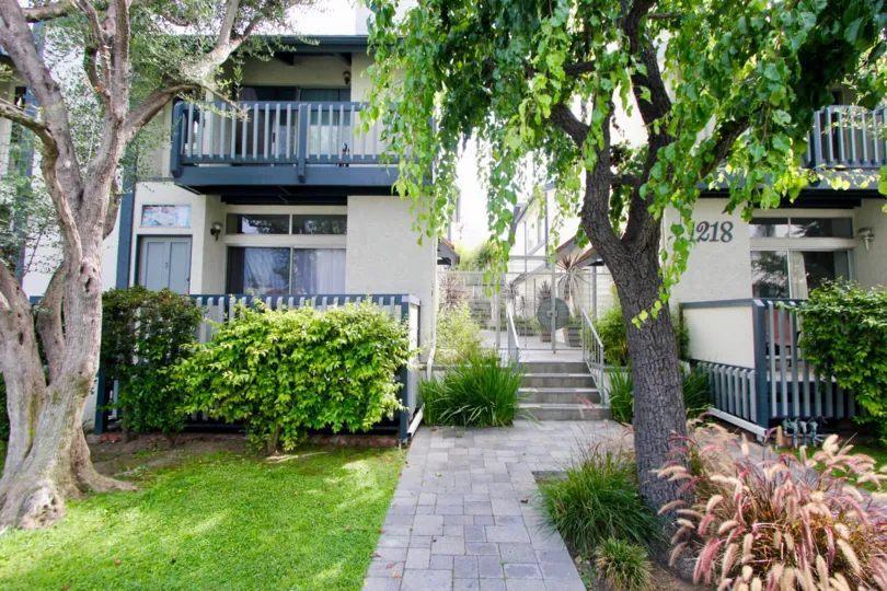 Sunny day with threes and homes connected by a gate in Santa Monica California