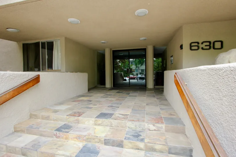 A sharp looking entry way to an office building with beautiful tile in Santa Monica, CA.