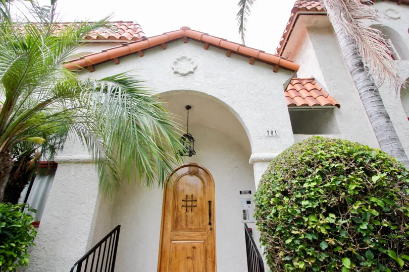 beautiful wooden door and entrance view to 701 Grant, Santa Monica, California