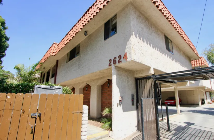 A sunny day at the front part of the Kansas Ave Condominiums' community in Santa Monica, CA
