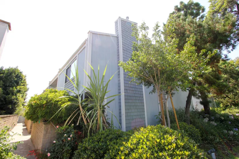 A sunny day in the Marlene Manor with an ash color building and flowers.