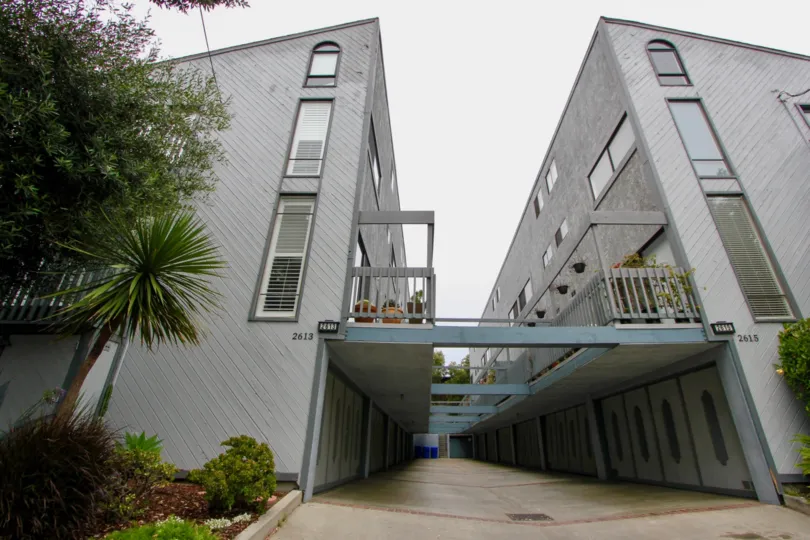 A cloudy day in the Ocean Park Plaza with modern shape.