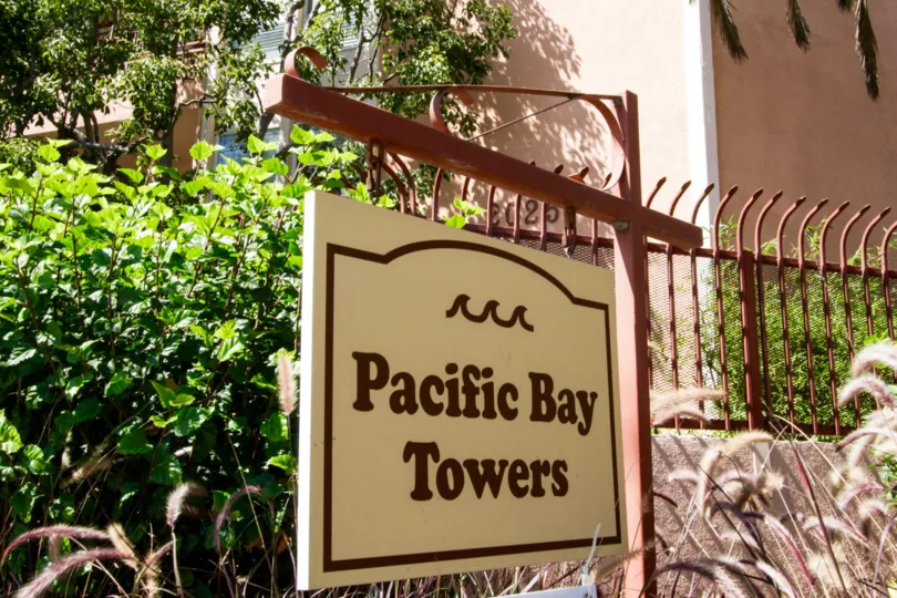 The sign welcoming you to the Pacific Bay Towers in Santa Monica