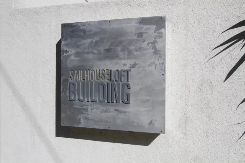 The plaque announcing the Sailhouse Lofts