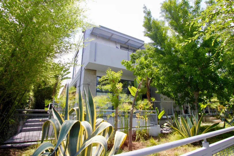 A sunny day at the front part of the Santa Monica Art Lofts' community in Santa Monica, CA
