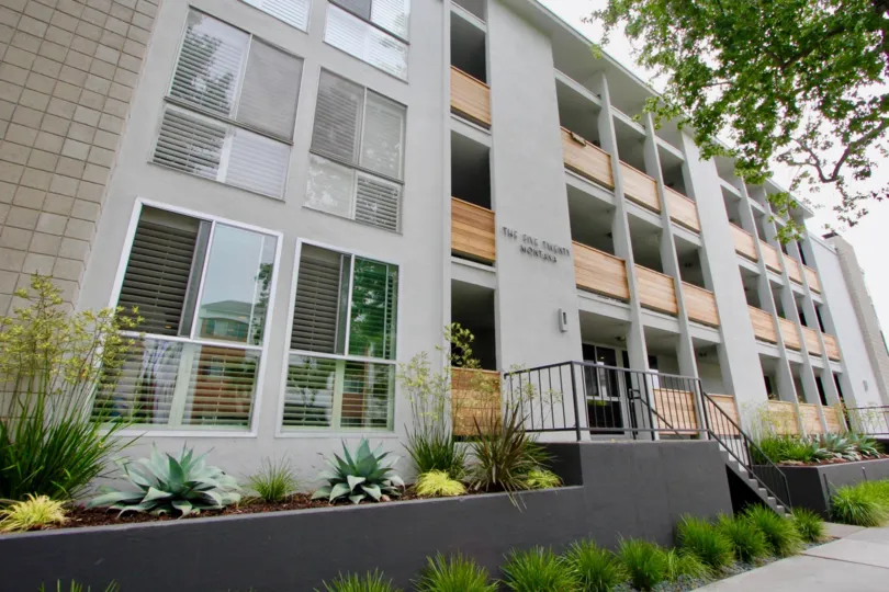 The front side of the wide Santa Monica Terrace with ssmall plants arranged around the building
