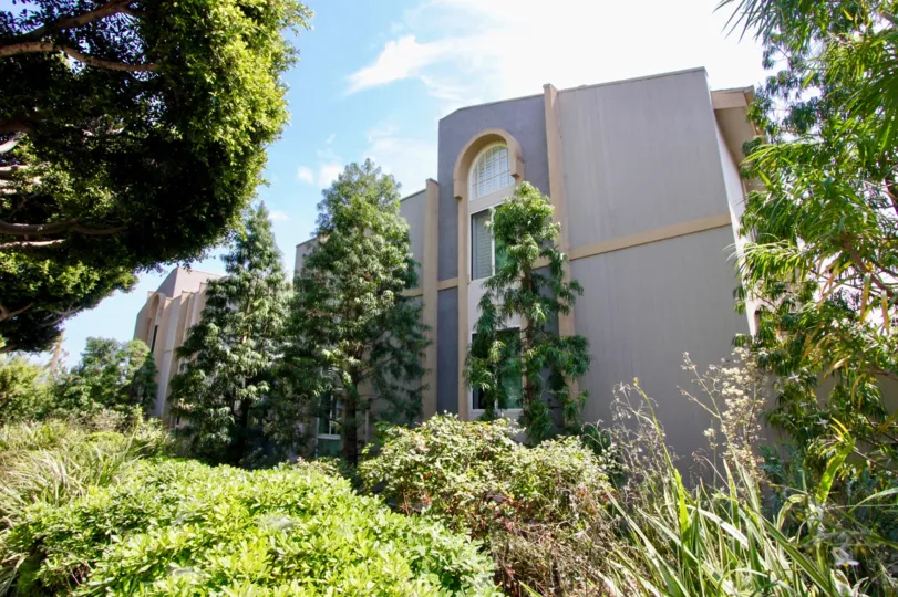 A beautiful sky high well construct building which have sky blue colour and shiny bright glass window. Lots of green trees enhance its beauty. A sunny bright day give it an amazing look.