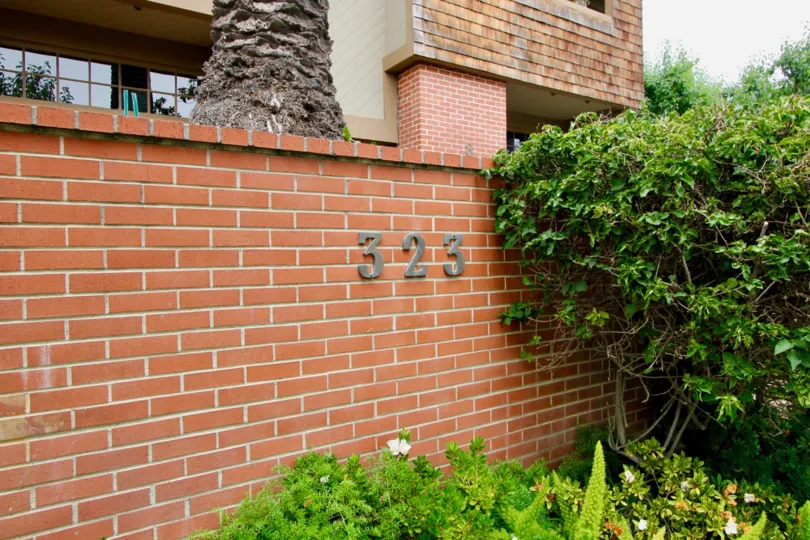 The brick facade at the Villas Vicente in Santa Monica California
