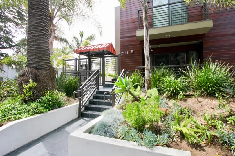 A sunny day at the front part of the Virginia Court Townhouses' community in Santa Monica, CA