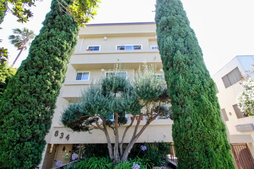 A green, sunny scene of the balconies of the Westside Villas in Santa Monica, California.