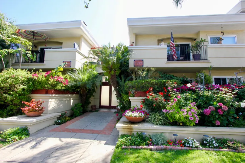 Colorful flowers on entry of a large building in santa monica