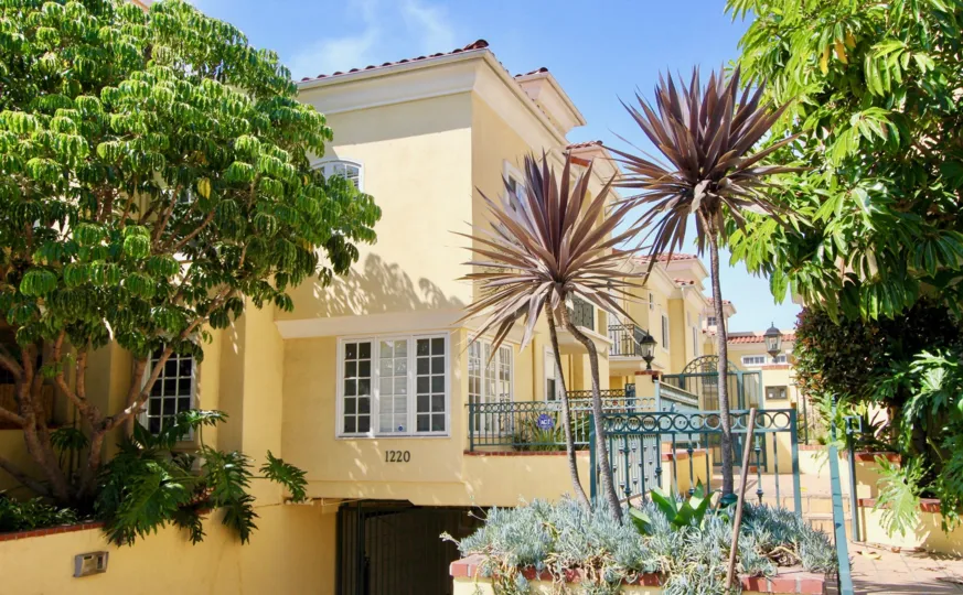 A sunny day at the front part of the Yale Street Townhomes' community in Santa Monica, CA