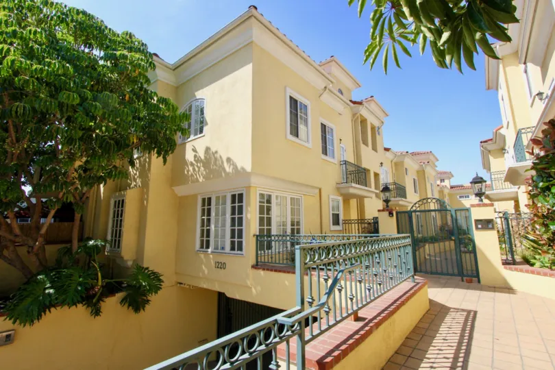 Very cute gated walkway and balconies on the Yale Street Townhomes in Santa Monica, California