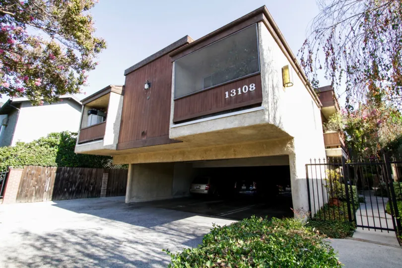The address on the side of the building at 13108 Moorpark St