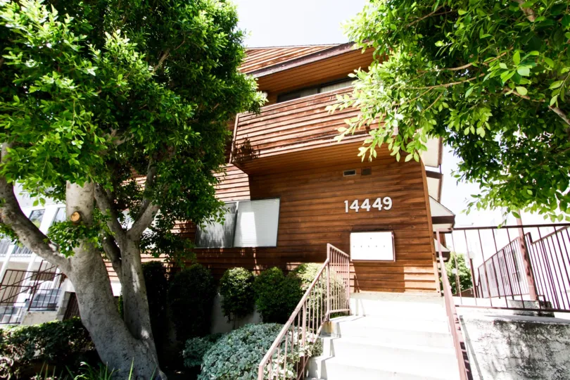 The numbered address on the building at 14449 Benefit St in Sherman Oaks