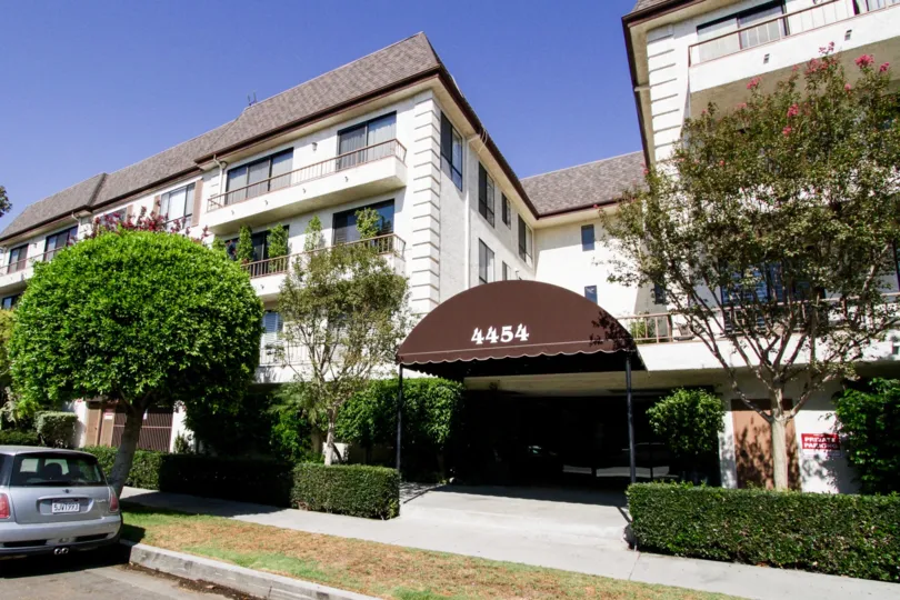 The covered entrance with the address for 4454 Ventura Canyon Ave