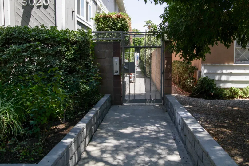 The gated entrance at 5020 Tilden Ave in Sherman Oaks