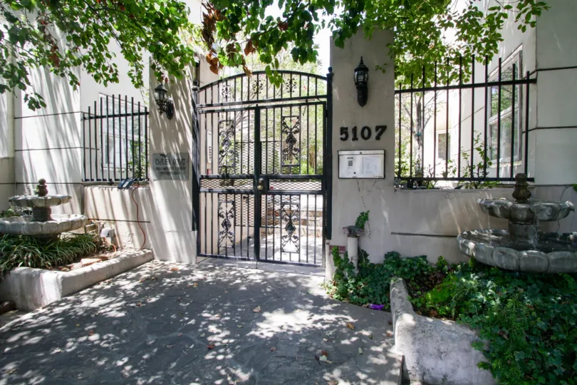 The gate into Chelsea Court in Sherman Oaks