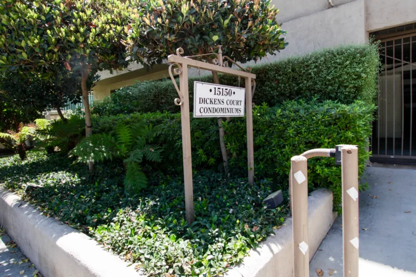 The sign for Dickens Court Condominiums in Sherman Oaks