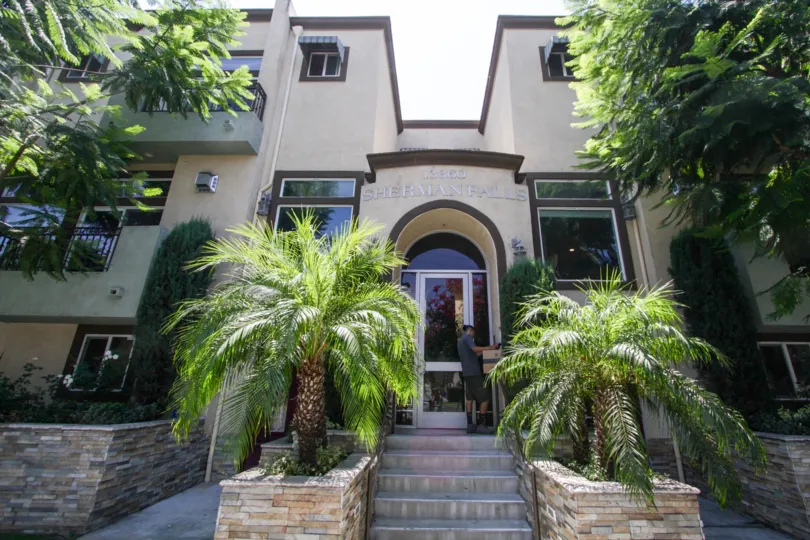 The stairs up to the main entrance in Sherman Falls in Sherman Oaks