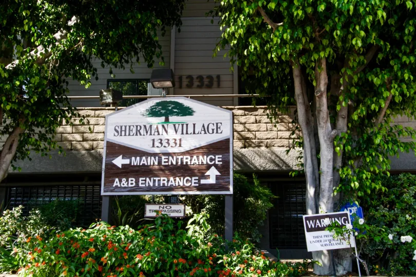 The sign welcoming you to the Sherman Village in Sherman Oaks